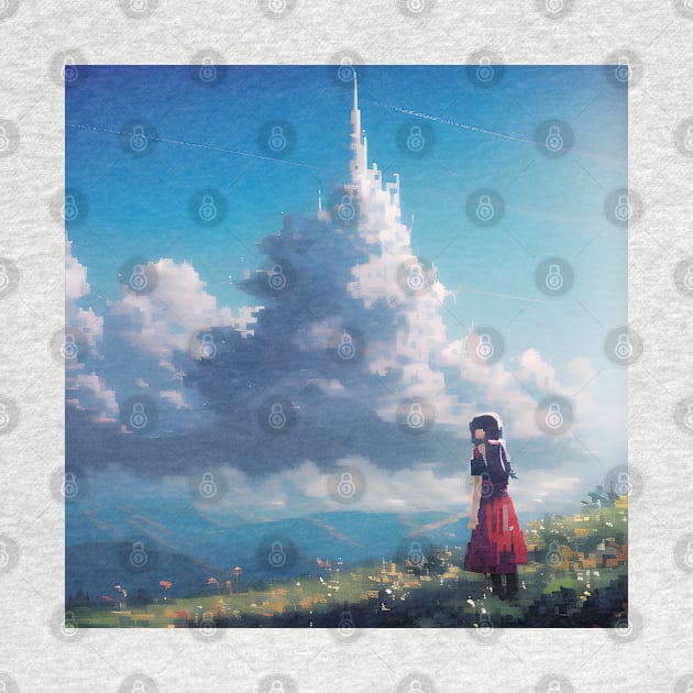 A girl in a red dress standing on a hill and looking at castle shaped clouds by Tazlo